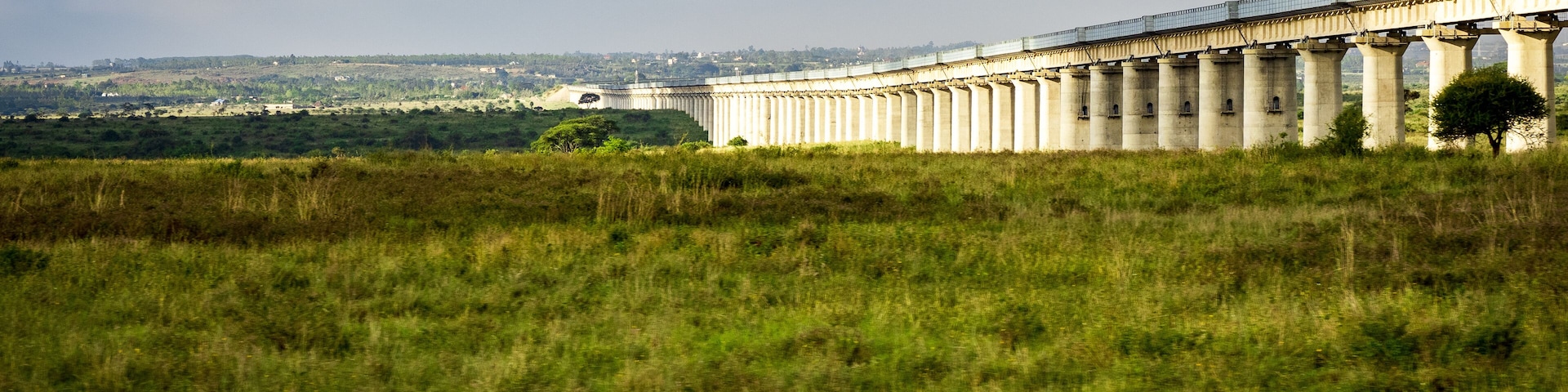 View of the collosal Mombasa-Nairobi Standard Gauge Railway Bridge through the Nairobi National Park Nature Reserve near Nairobi, Kenya