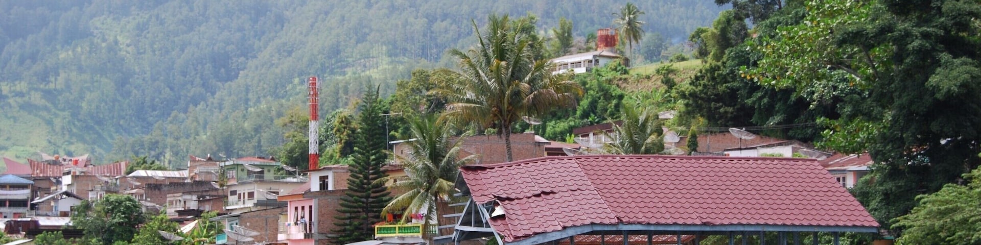 These brick houses come right up to the edge of the volcanic crater lake, Lake Toba. The remains of the prehistoric volcano are absolutely stunning with lush green hills that drop straight into the lake.