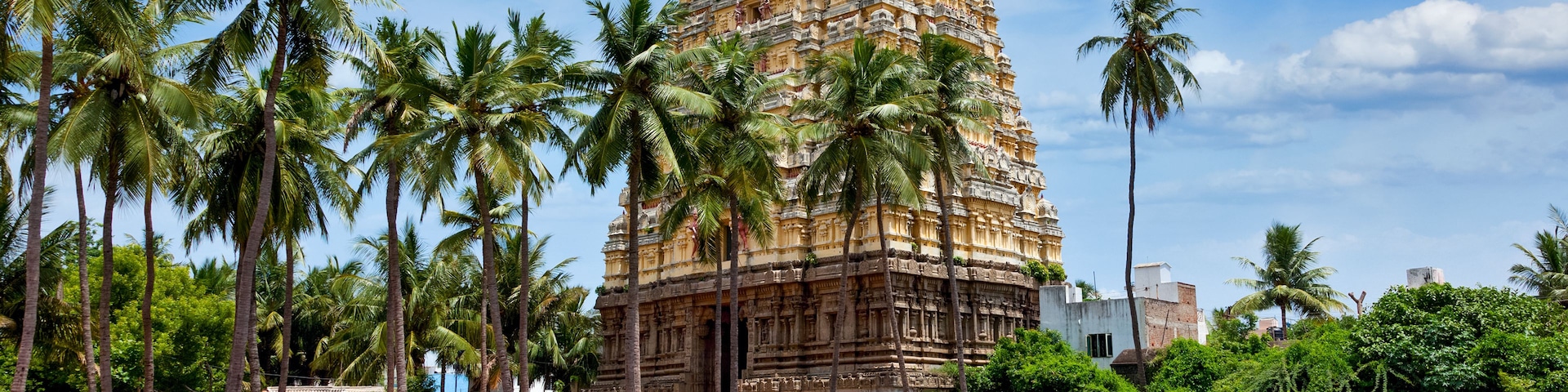 Um templo alto e ricamente esculpido, cercado por um corpo d'água e palmeiras.