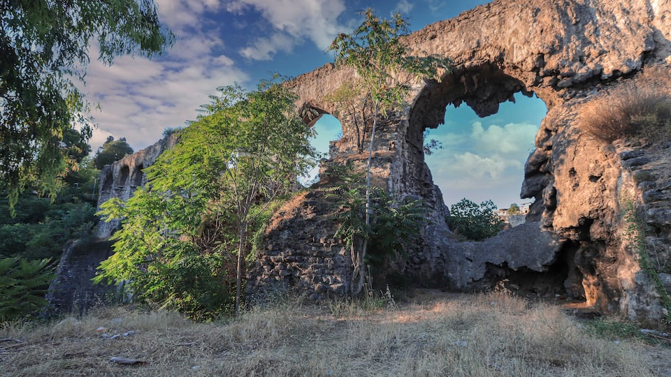 A large rock arch formation surrounded by trees and dry grass.