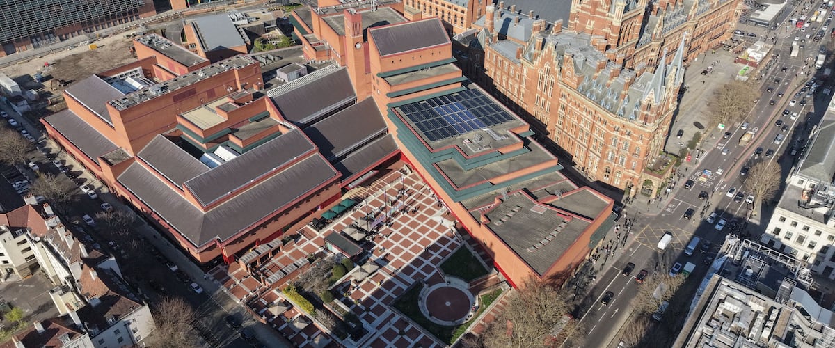 The British Libary Euston Road London drone aerial view