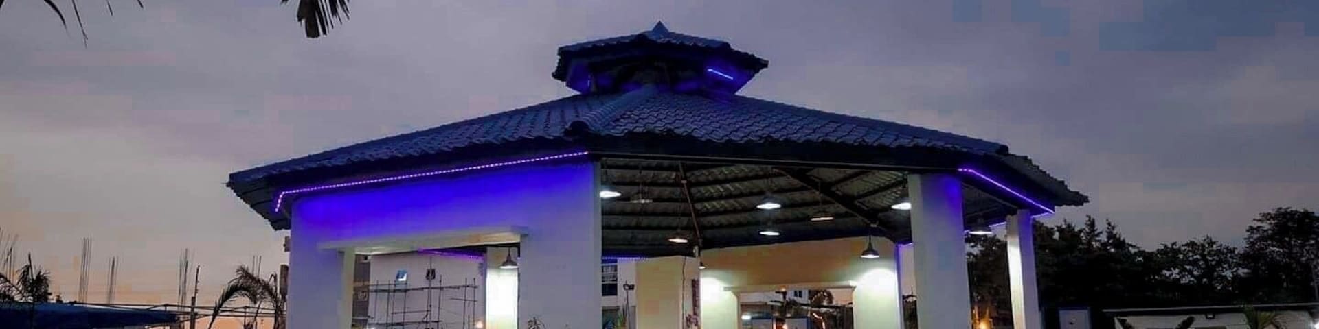 A gazebo with blue lighting, a pool, and palm trees.
