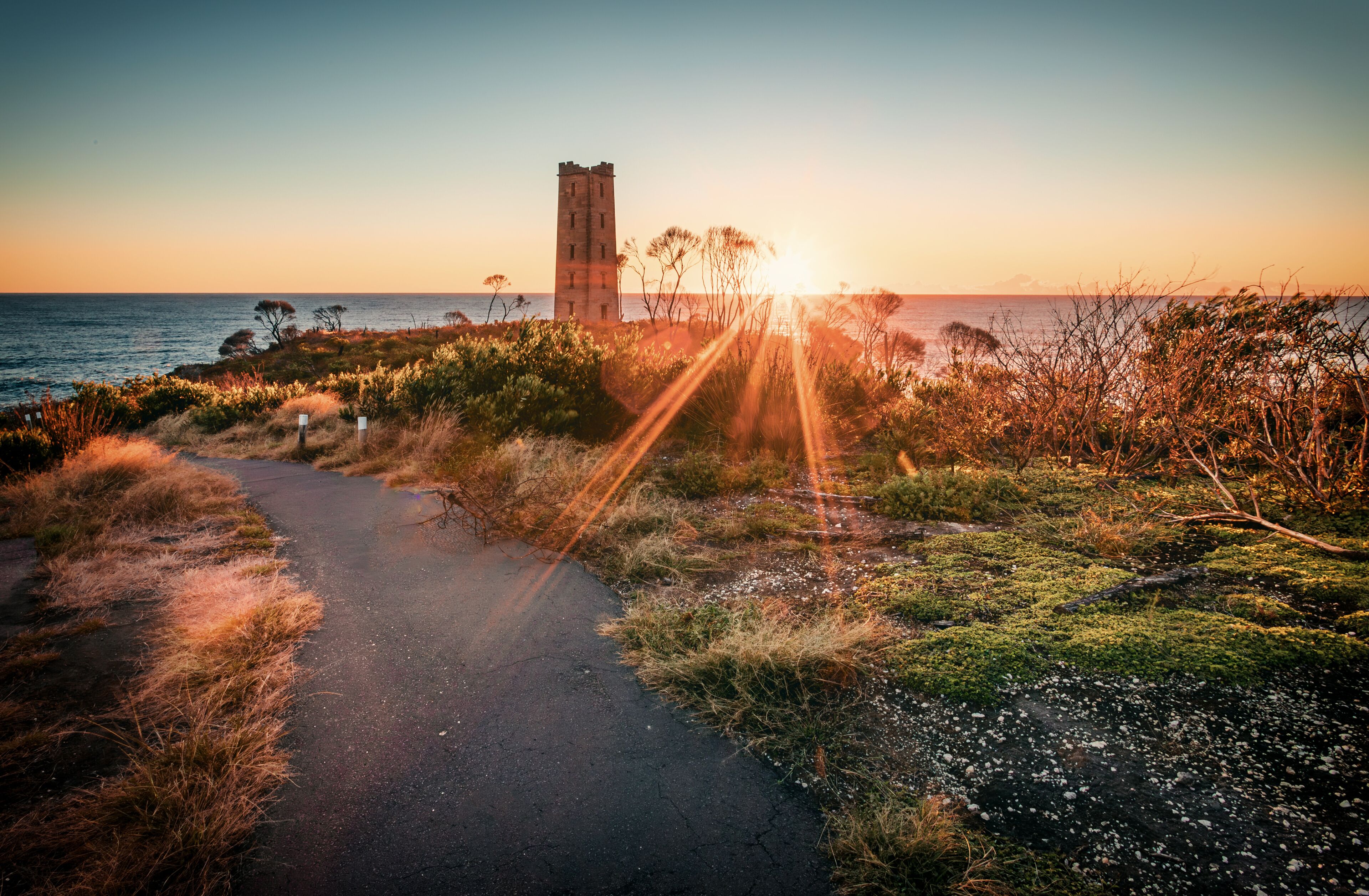 A coastal path with a tower, sunset, and vegetation.