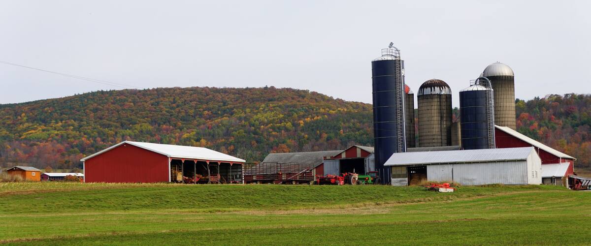 A rural farm with barns, silos, and a tractor in a field with autumn-colored trees in the background.