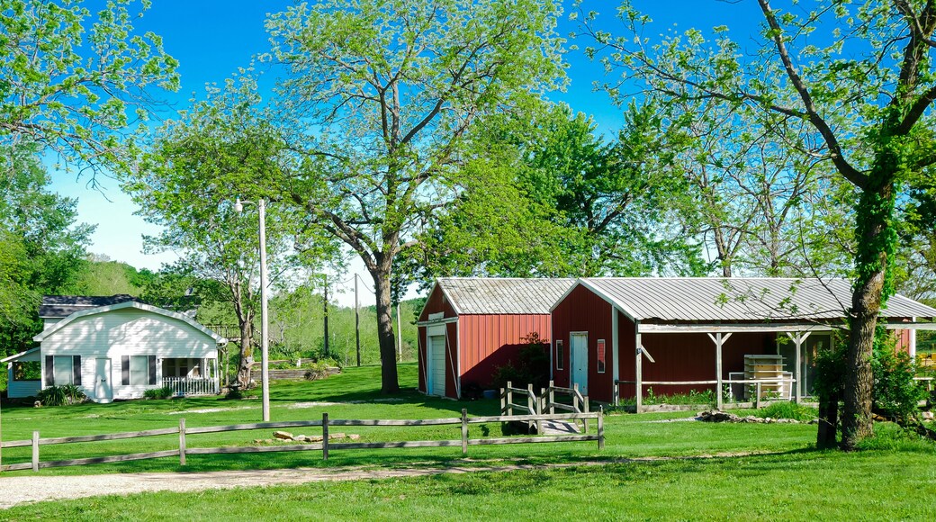 Red barn farmhouse on large acre lot farmland in Mansfield Missouri, grassy lawn and lush greenery trees, scenic peaceful agriculture town at agro-town agglomeration rural environment farmstead