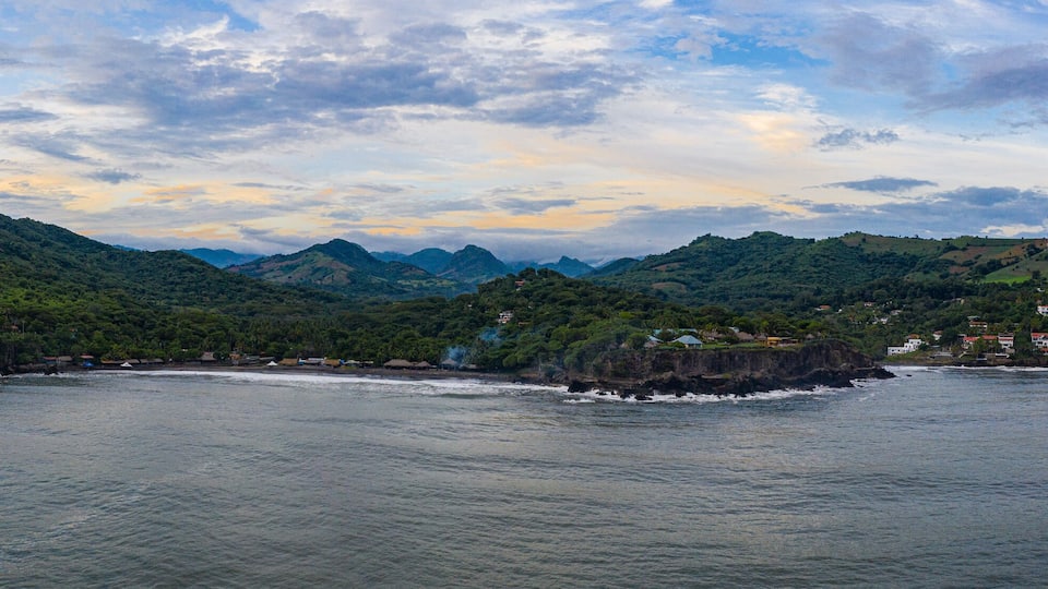Aerial view of sea waves and fantastic Rocky coast, El Salvador