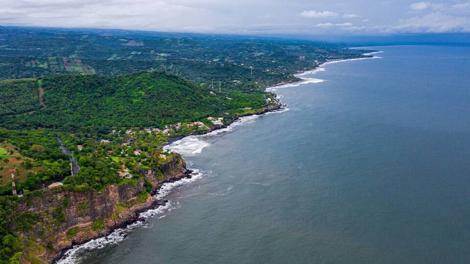 Aerial view of sea waves and fantastic Rocky coast, El Salvador