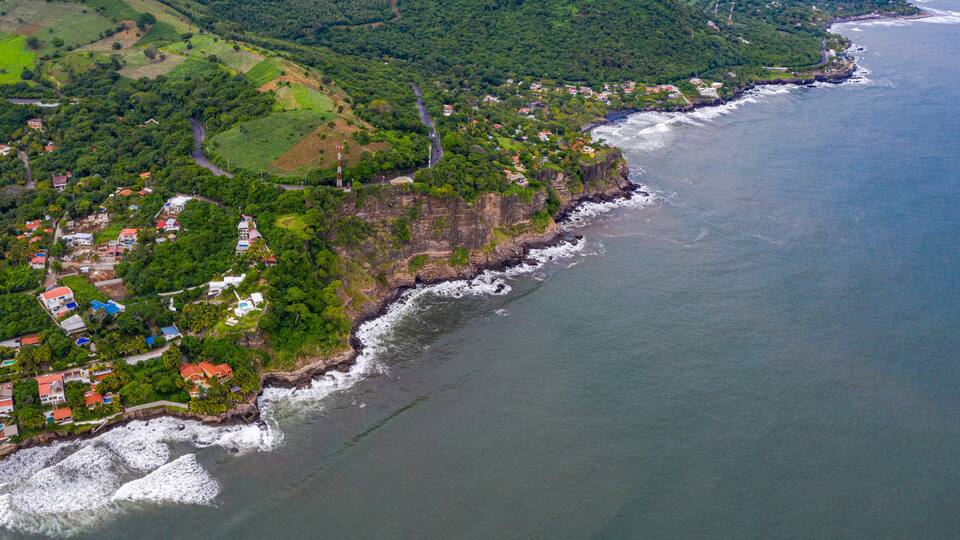 Aerial view of sea waves and fantastic Rocky coast, El Salvador