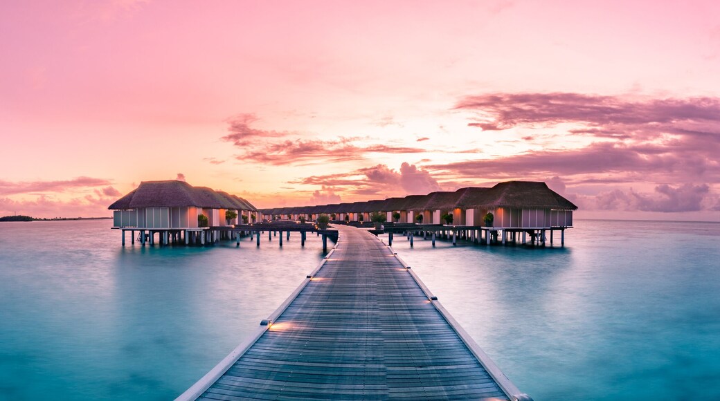 Amazing panorama beach landscape. Maldives sunset seascape view. Horizon with sea and sky. Tranquil scenery, tourism and travel banner. Summer luxury resort landscape, vacation holiday island concept