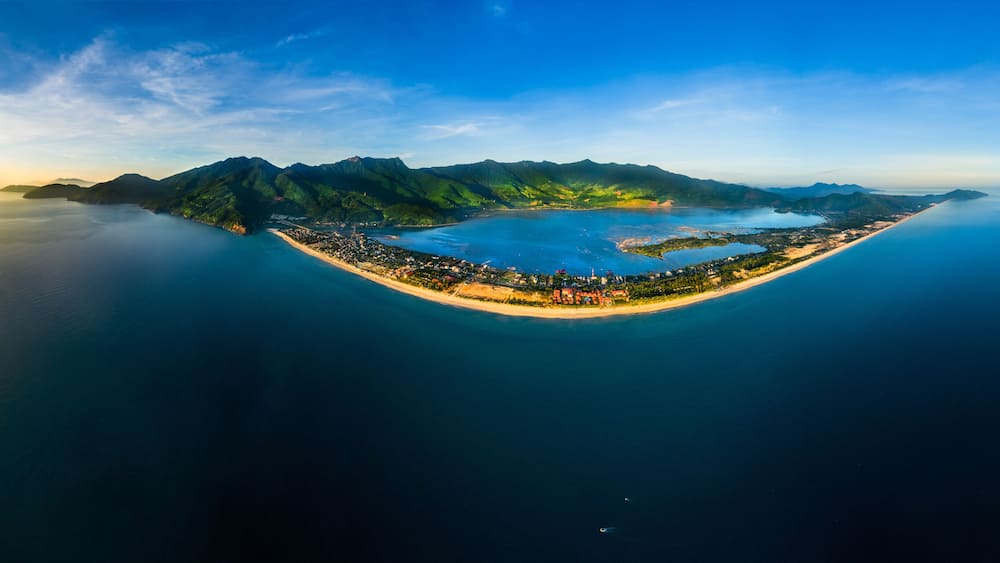 Aerial view of Lang Co bay and beach, Hai Van pass, Lap An lagoon, Hue, Vietnam. Panorama