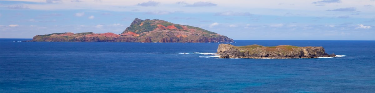 A large island with a prominent peak and a smaller rocky outcrop in the ocean.