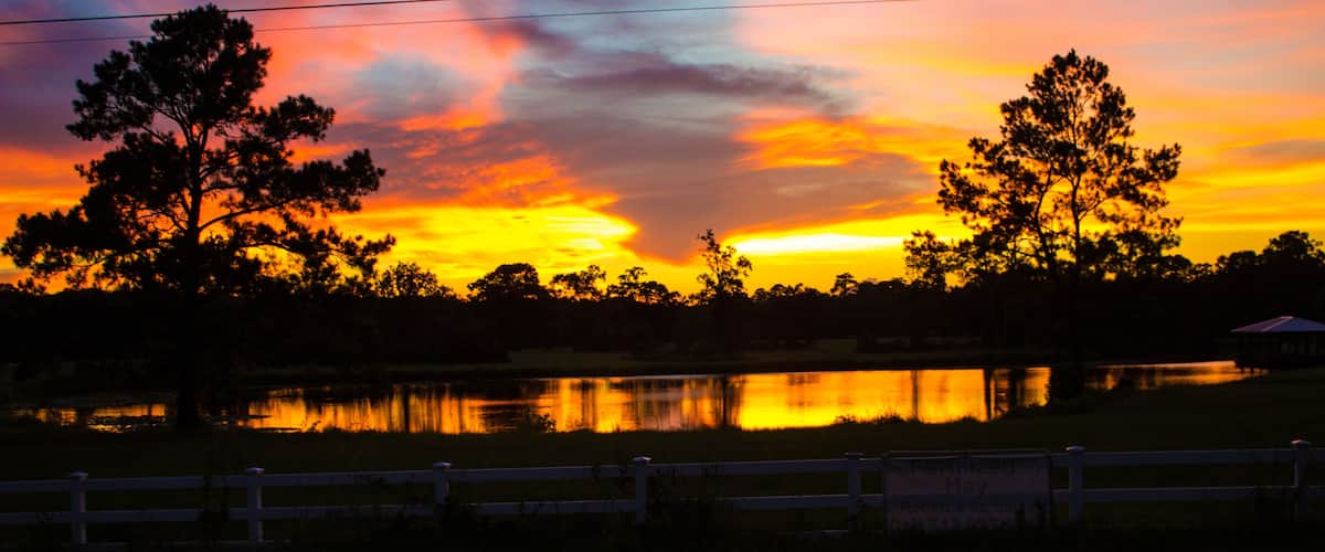 A sunset over a lake with trees silhouetted against a colorful sky.
