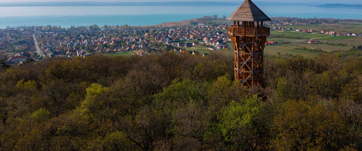 A wooden observation tower overlooking a coastal town and a lake.