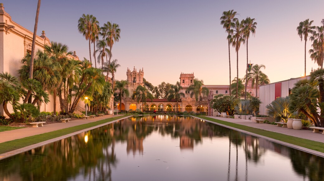 San Diego, California, USA plaza fountain at night in the Prado.