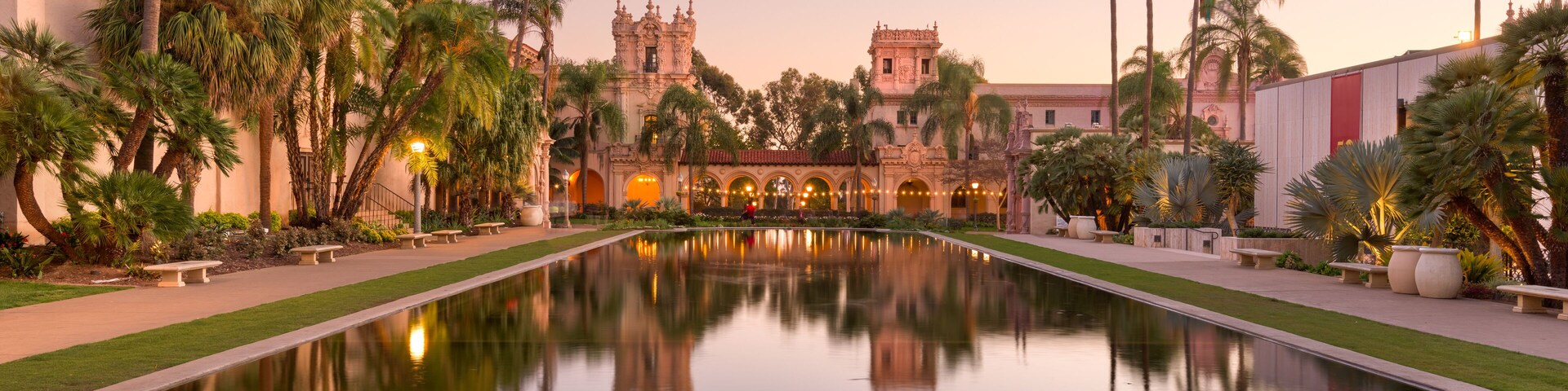 San Diego, California, USA plaza fountain at night in the Prado.