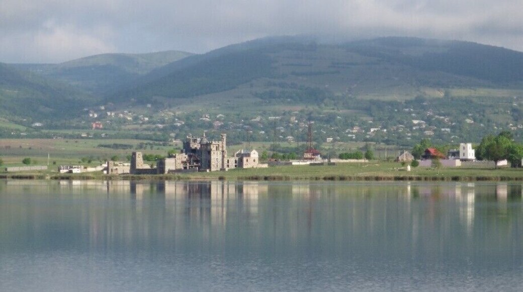 View from a lake in the country of Georgia. This picture is looking out over a body of water called Bazaleti Lake. Out on the shore of the lake, it looks as if someone is constructing a building that looks like a small castle.