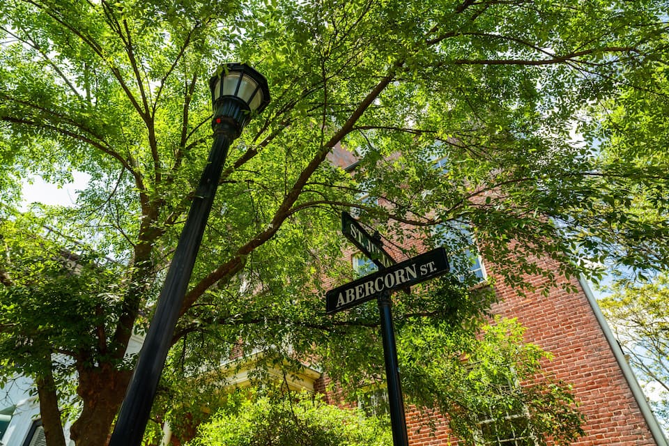 A street sign for 'Abercorn St.' amidst lush green trees and a brick building.