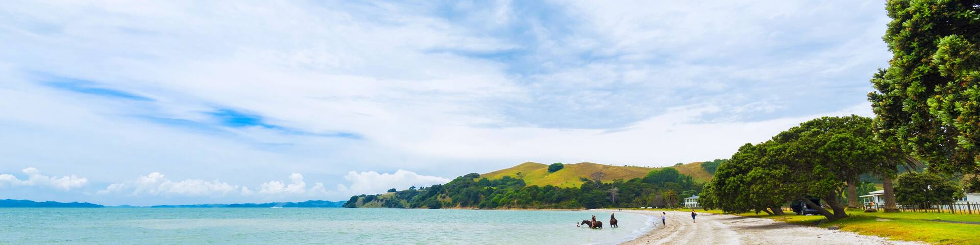 A beach with clear water, a sandy shore, and a hilly landscape in the background.