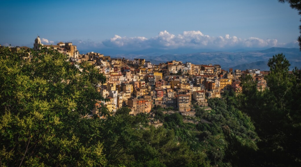 A densely packed hillside town with historic architecture, surrounded by lush greenery and mountains in the background.