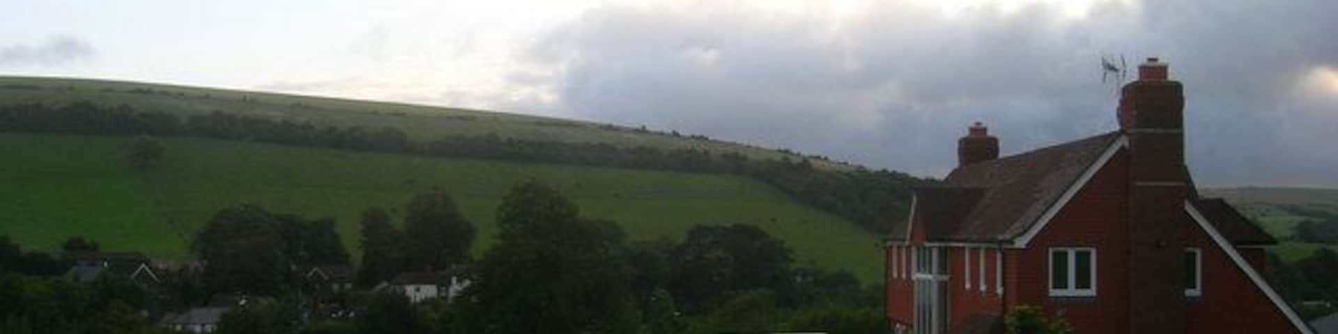 Wayfield Farm The farmhouse is perched on Cowdown Lane now a bridleway linking Pyecombe to Saddlescombe via Newtimber Hill. The houses that cluster around the Pyecombe Street part of the village are in the background whilst the foliage hides the A23 trunk road from view.