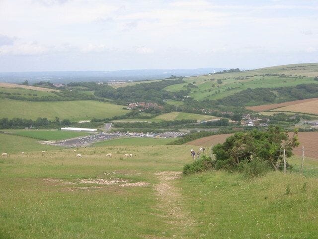 South Downs Way View down the SDW with Haresdean Equestrian centre and Pyecombe at the bottom and one of the Jack and Jill windmills on the horizon.