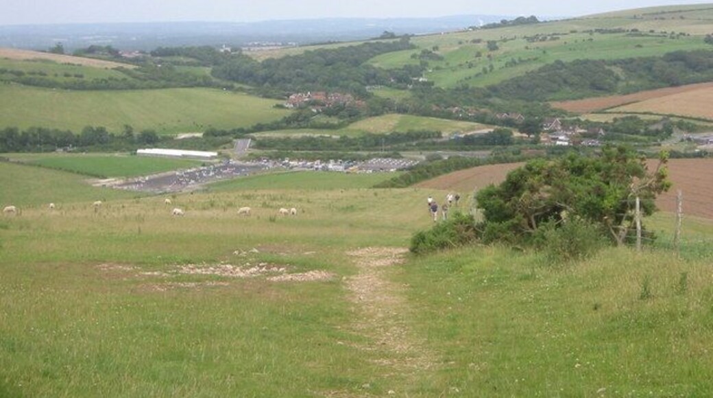 South Downs Way View down the SDW with Haresdean Equestrian centre and Pyecombe at the bottom and one of the Jack and Jill windmills on the horizon.