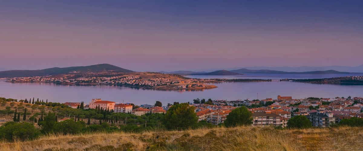 A coastal town with a large body of water, a mountain in the background, and a mix of residential buildings.