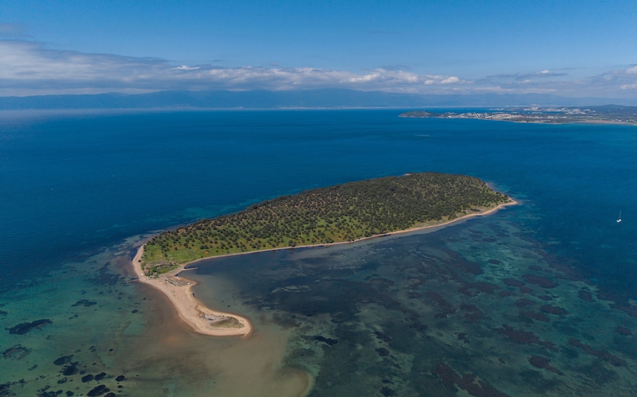 Aerial View of Cicek Island Ayvalik with Turquoise Sea and Natural Coastal Landscape Turkey