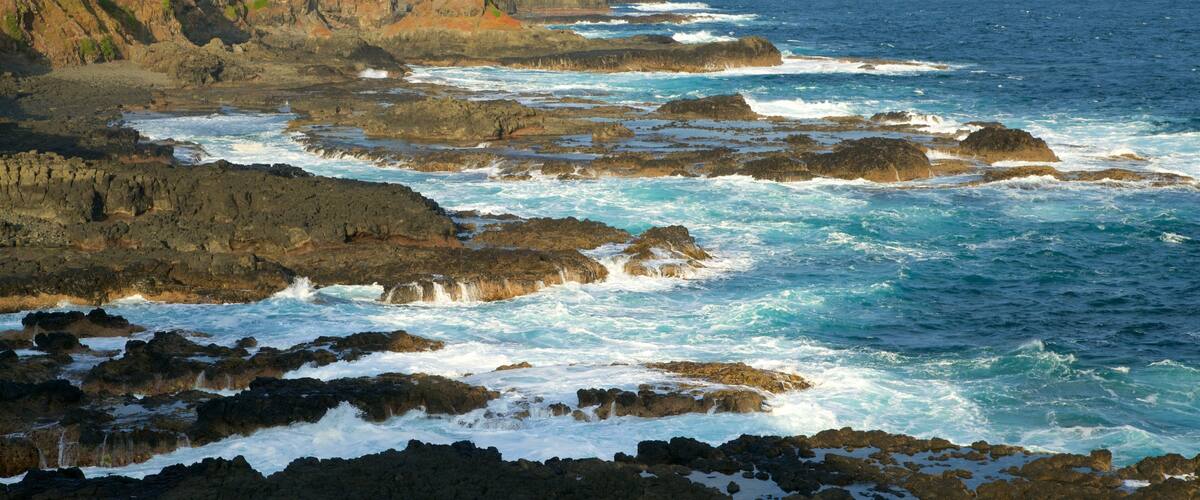 A rugged coastline with rocky outcrops and waves crashing against them.