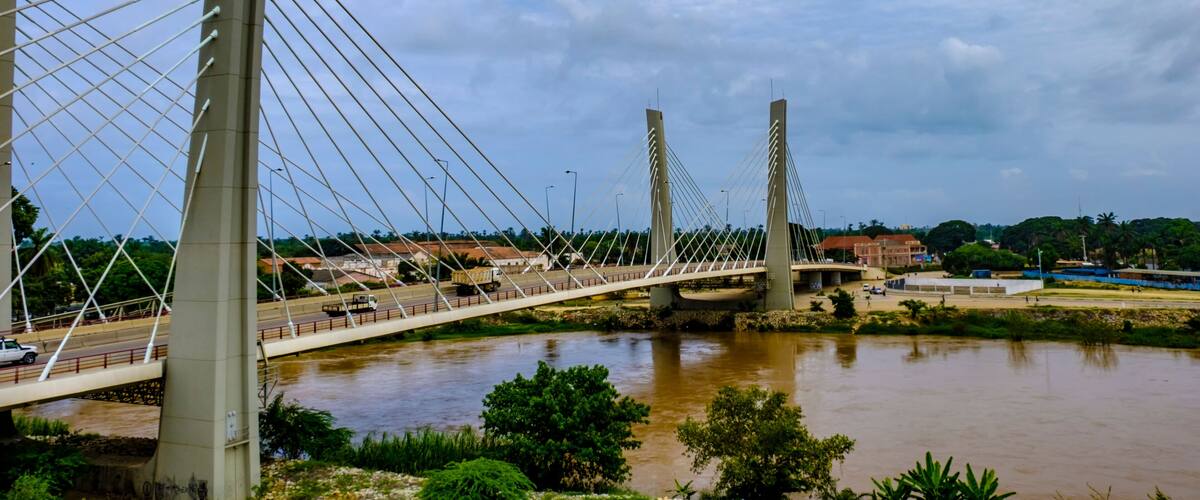 A cable-stayed bridge over a river with greenery and buildings in the background.