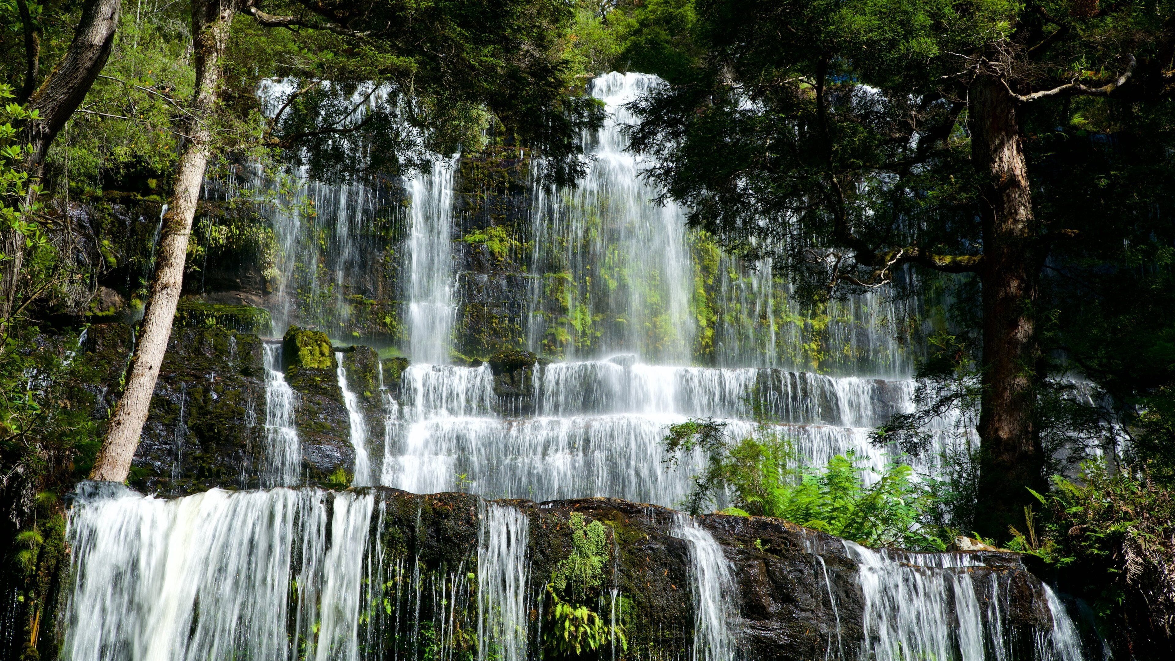 Een meerlaagse waterval omgeven door dicht bos.