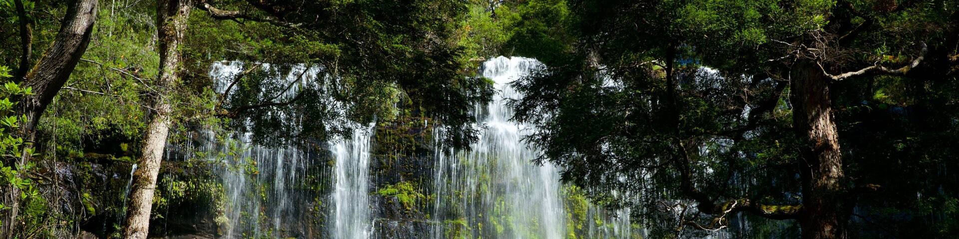 A multi-tiered waterfall surrounded by dense forest.