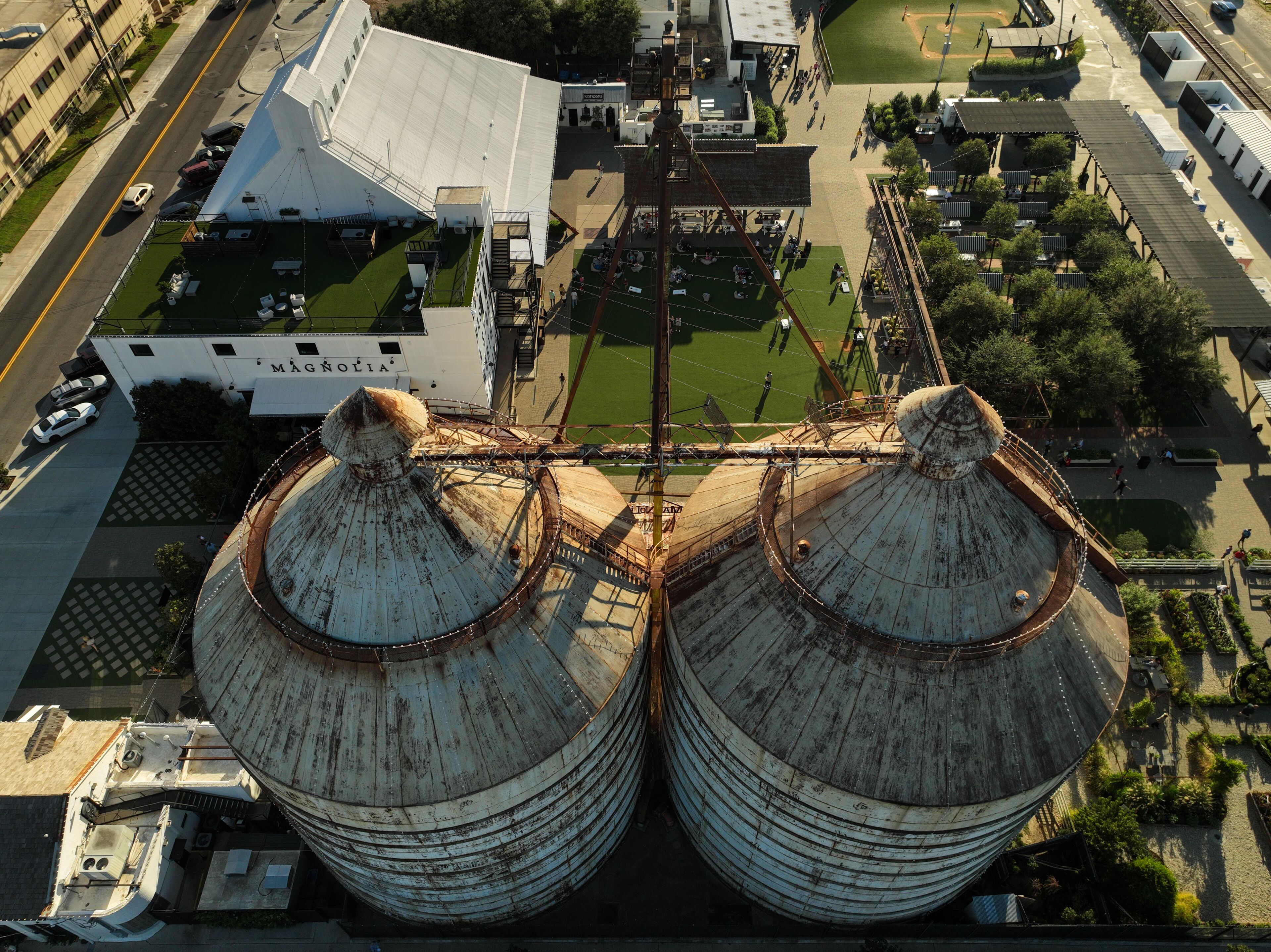 Aerial view of the Magnolia Silos in Waco, Texas USA