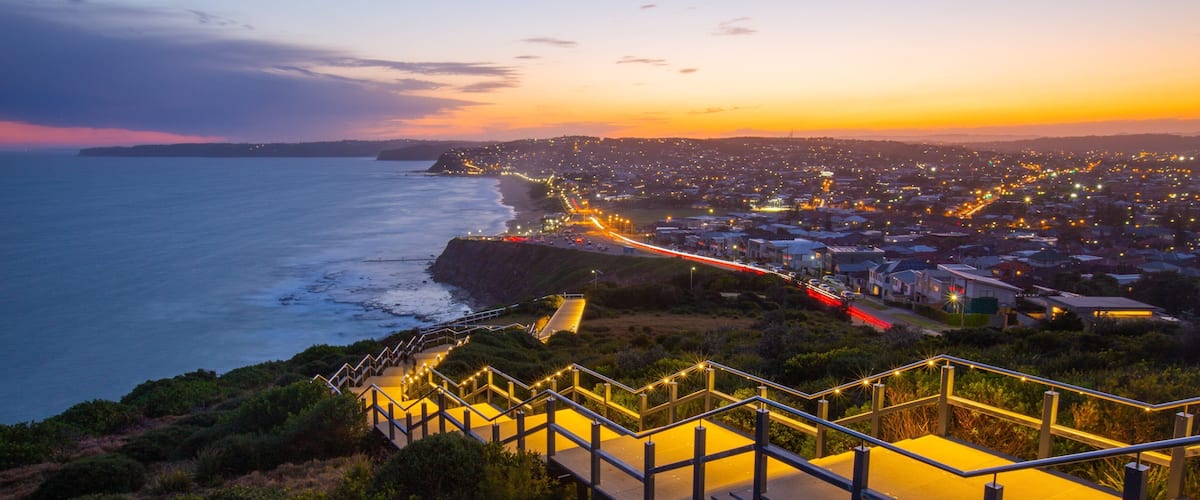 ANZAC Memorial Bridge showing night scenes, general coastal views and a sunset