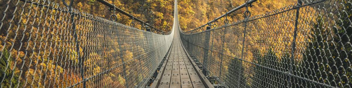 Geierlay Suspension Bridge against cloudy sky in autumn, Moersdorf, Germany
