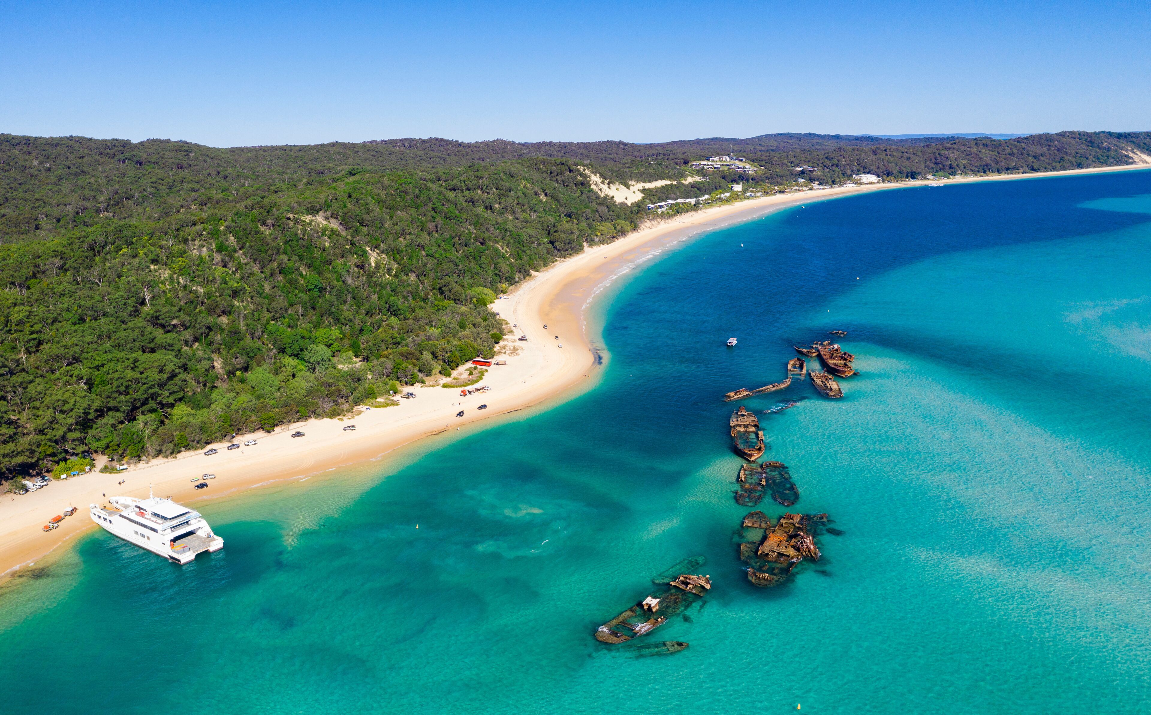 Shipwrecks and ferry on Moreton Island