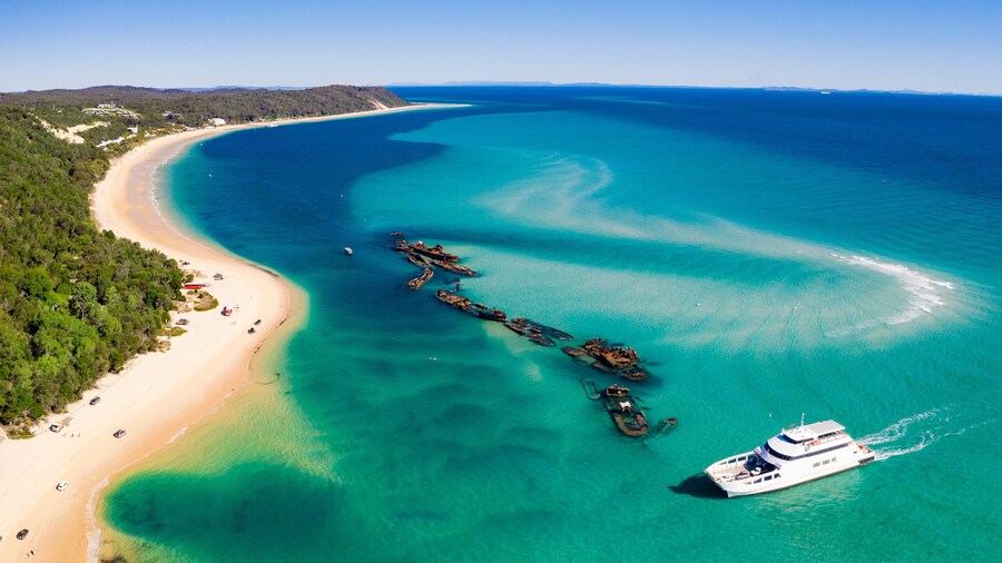 Shipwrecks and ferry on Moreton Island
