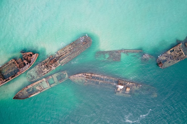 Aerial view of old ships on Tangalooma island, Queensland, Australia