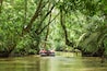 A group of people in a boat surrounded by dense tropical forest.