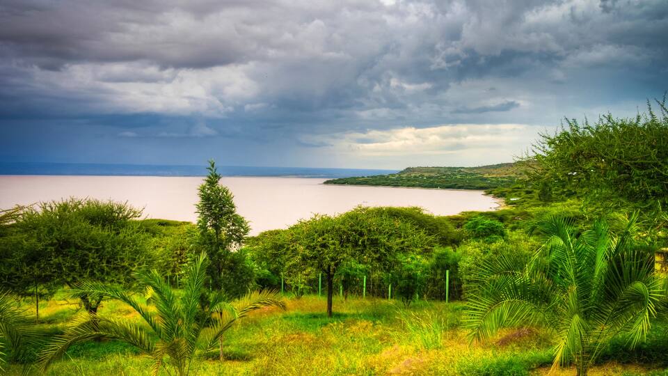A coastal landscape with a large body of water, dense greenery, and a cloudy sky.