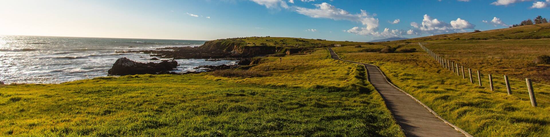 A coastal landscape with a grassy path, rocky coastline, and a clear blue sky with scattered clouds.