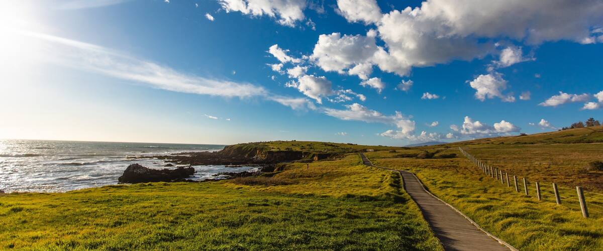A coastal landscape with a grassy path, rocky coastline, and a clear blue sky with scattered clouds.