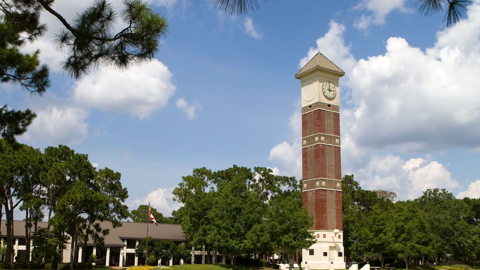 Bell tower at Pensacola State College campus, a public education learning college located in Pensacola, Florida., Shutterstock ID 148540667, Purchase Order: SP-1891 Wave 0, Client/Licensee: Hotels.com