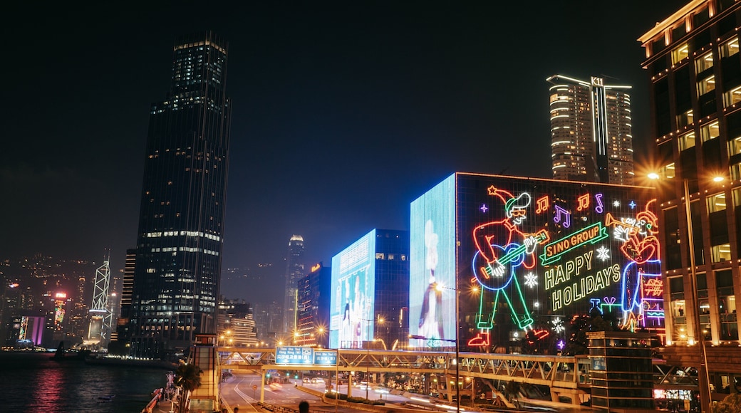 Hung Hom Promenade which includes a city, signage and night scenes