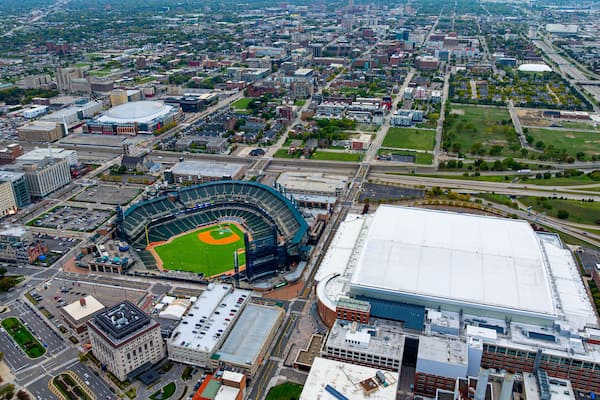 Comerica Park and Little Caesars Arena in Detroit. Drone aerial photo of Comerica Park baseball stadium and Little Caesars Arena in downtown Detroit, Michigan.