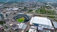 Comerica Park and Little Caesars Arena in Detroit. Drone aerial photo of Comerica Park baseball stadium and Little Caesars Arena in downtown Detroit, Michigan.