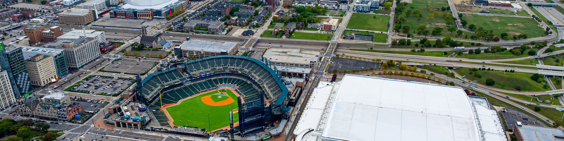 Comerica Park and Little Caesars Arena in Detroit. Drone aerial photo of Comerica Park baseball stadium and Little Caesars Arena in downtown Detroit, Michigan.