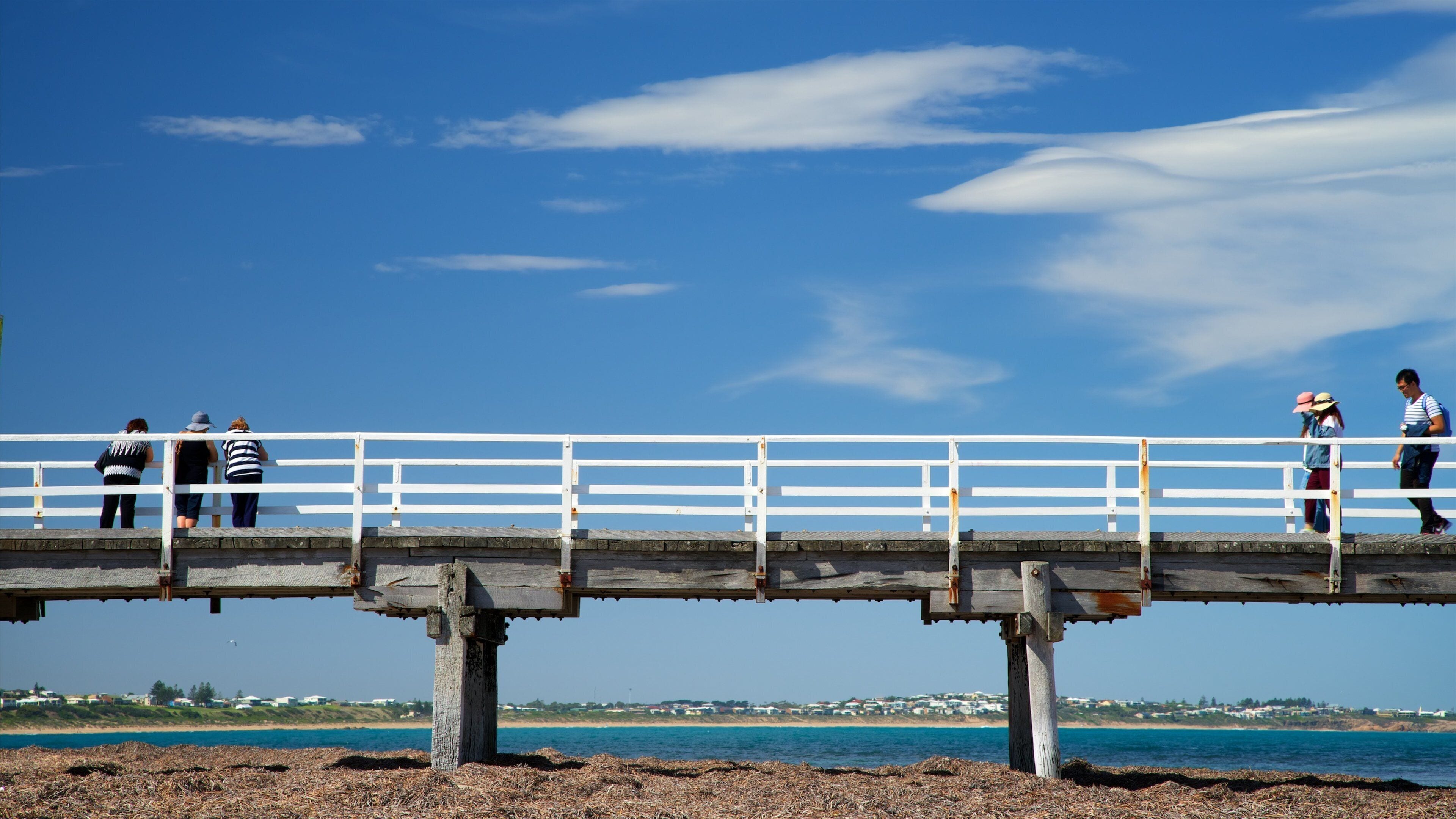 Un muelle de madera con barandillas blancas, gente caminando y un cielo azul despejado.