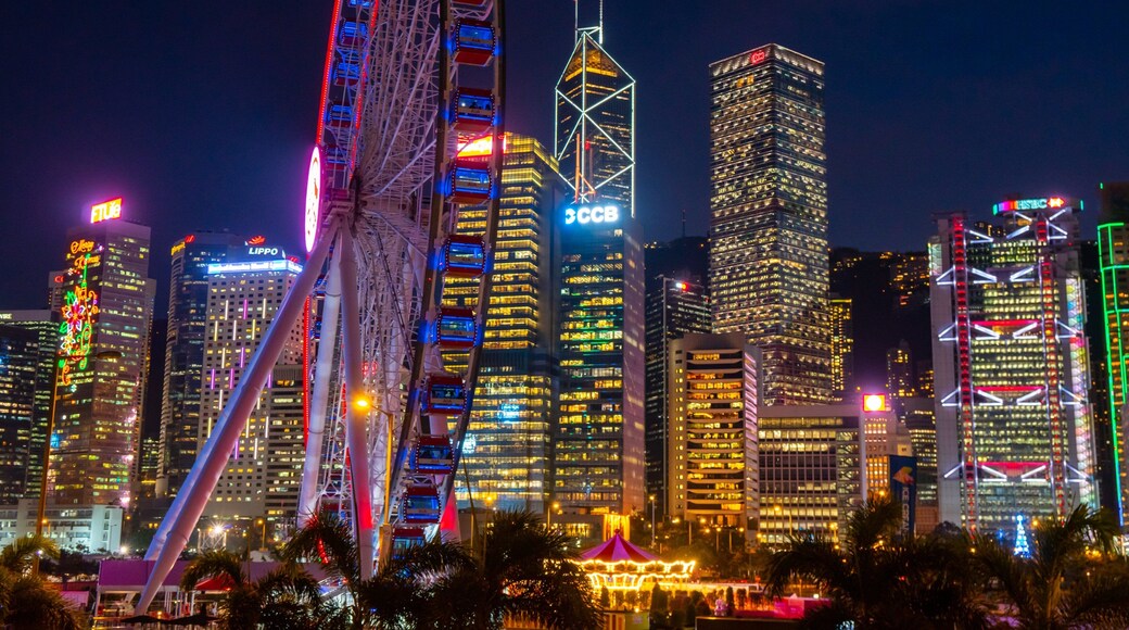 The Hong Kong Observation Wheel featuring a city and night scenes