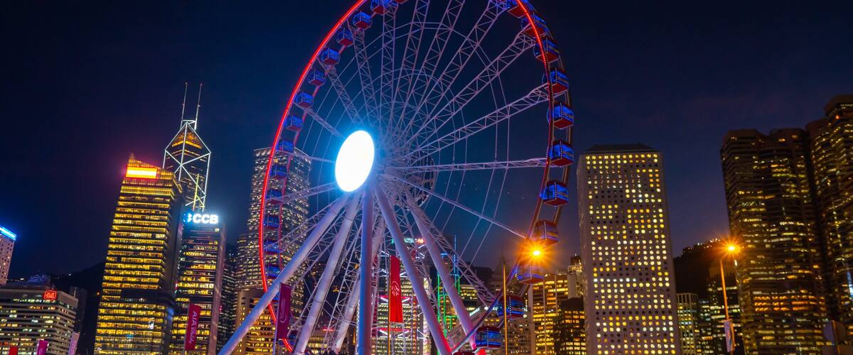 The Hong Kong Observation Wheel which includes night scenes, street scenes and a city